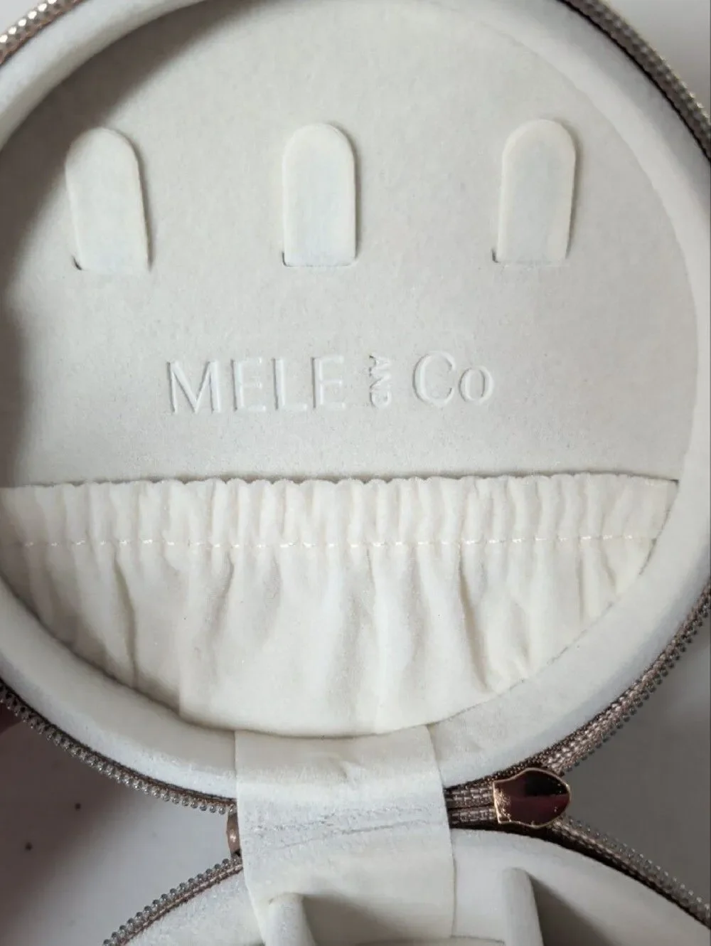 Round Taupe Travel Jewelry Case with Gold Zipper